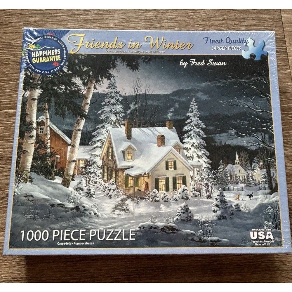 WHITE MOUNTAIN Friends In Winter Jigsaw Puzzle 1000pcs House Snow Trees Dogs NEW